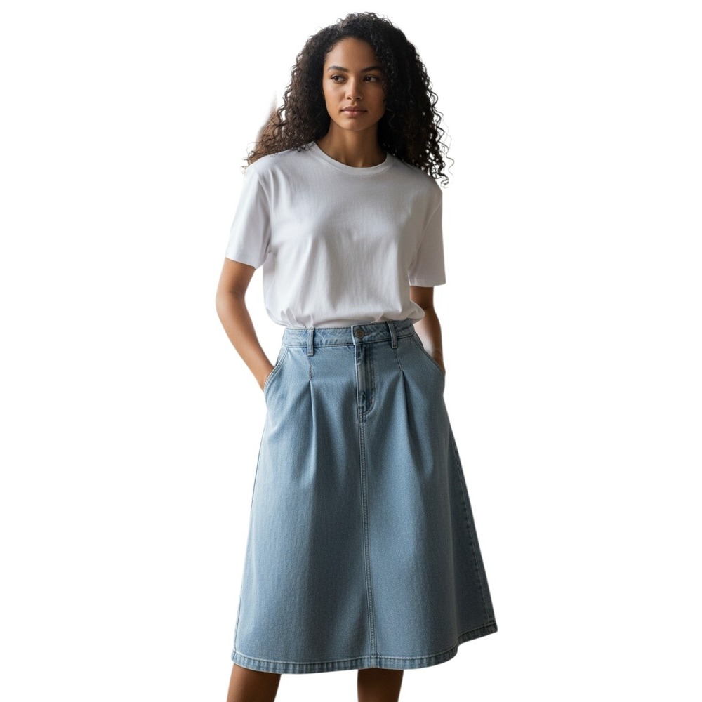 LL Bean Womens Pleated Denim Midi Skirt Blue‎ Cotton Elastic Waist Size 12